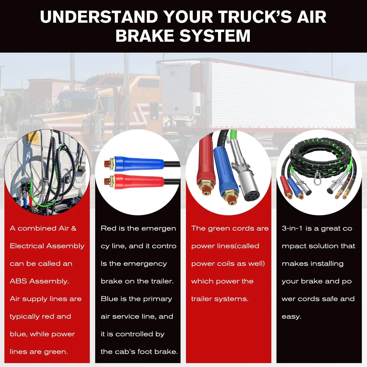 12FT 3-in-1 ABS Electrical Cord Cable & Rubber Air Power Line Hose Kit
