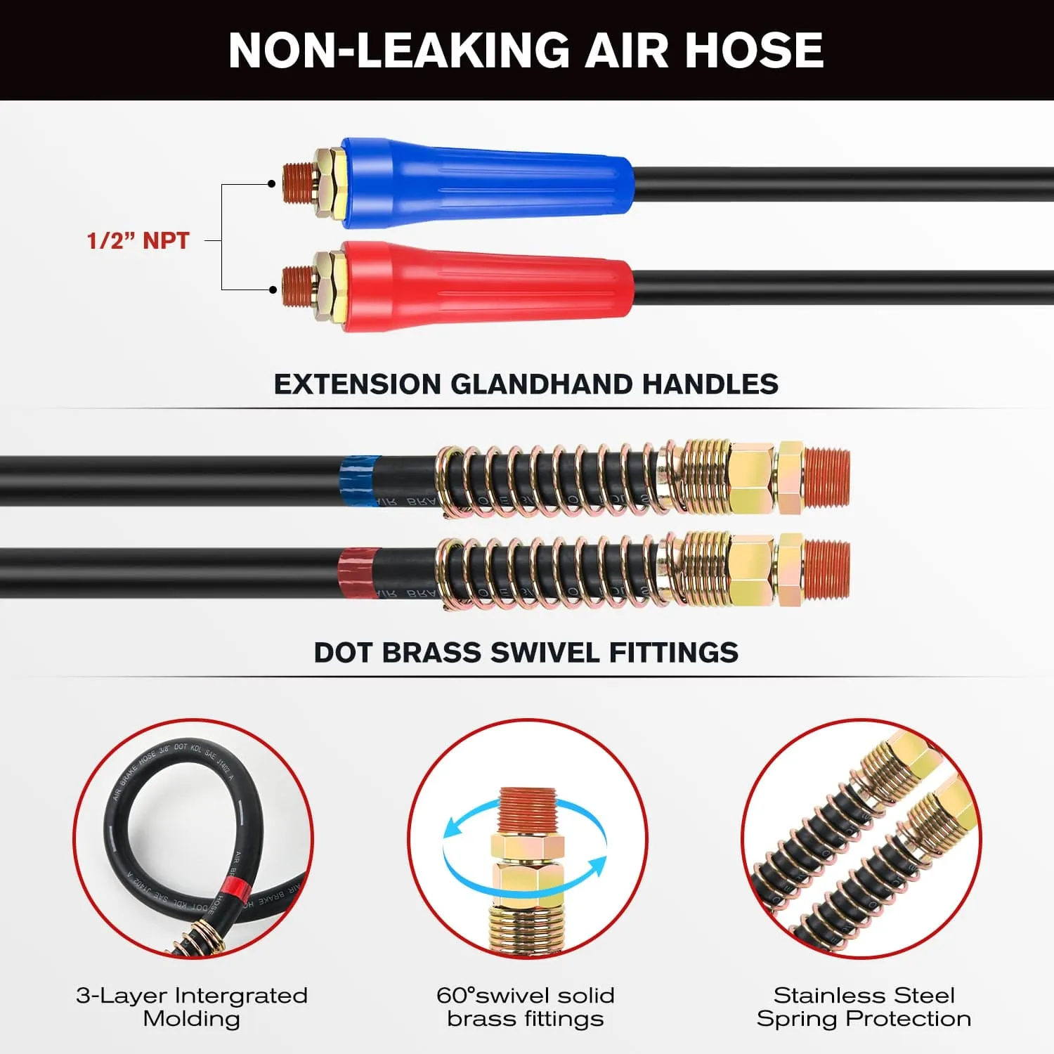 12FT 3-in-1 ABS Electrical Cord Cable & Rubber Air Power Line Hose Kit