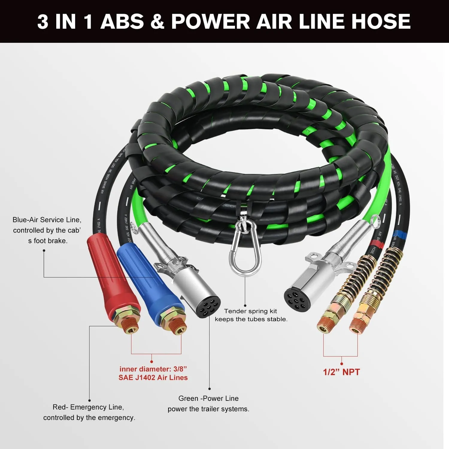 12FT 3-in-1 ABS Electrical Cord Cable & Rubber Air Power Line Hose Kit