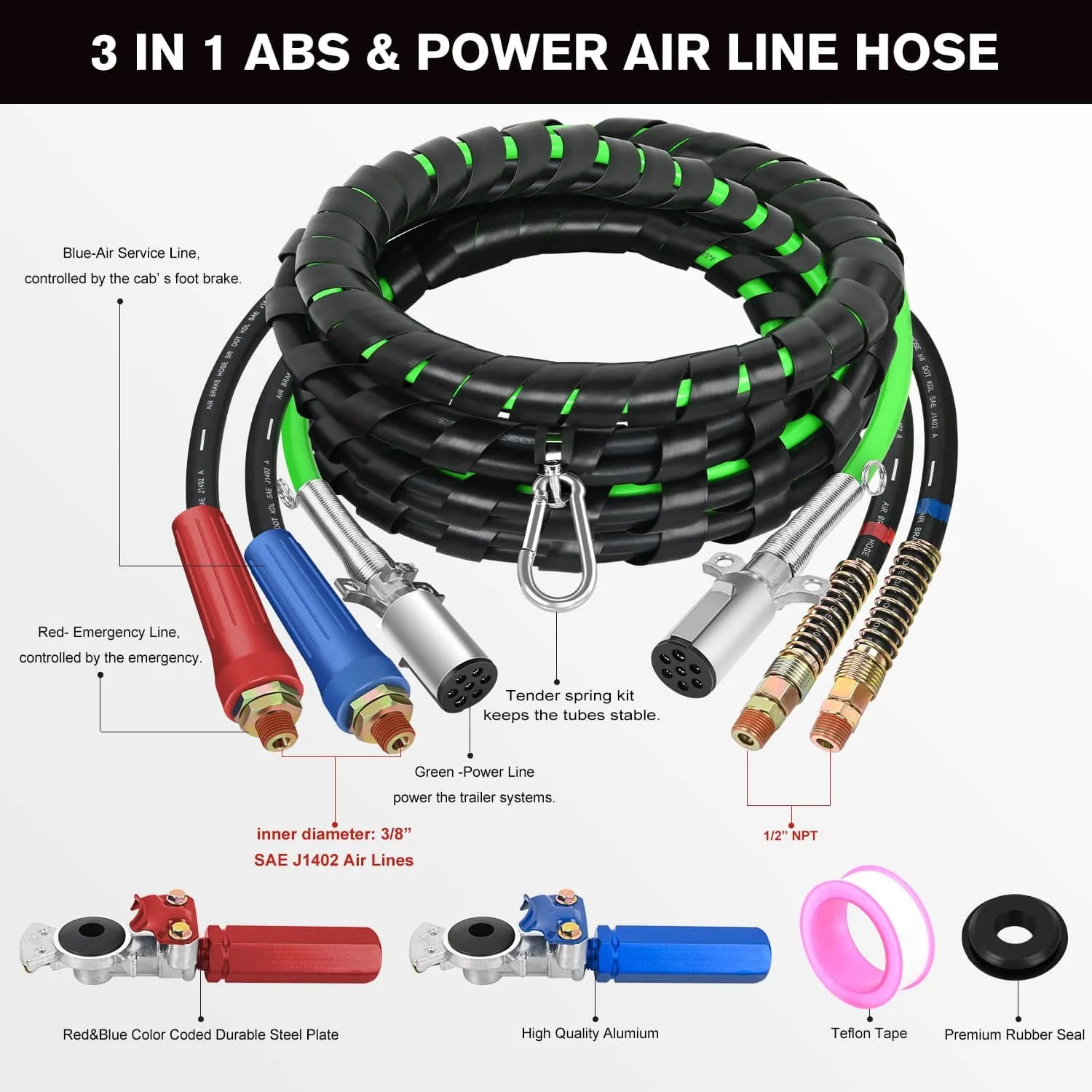 15FT 3-in-1 ABS Electrical Cord & Rubber Air Line Hose Kit with Gladhand&Handles
