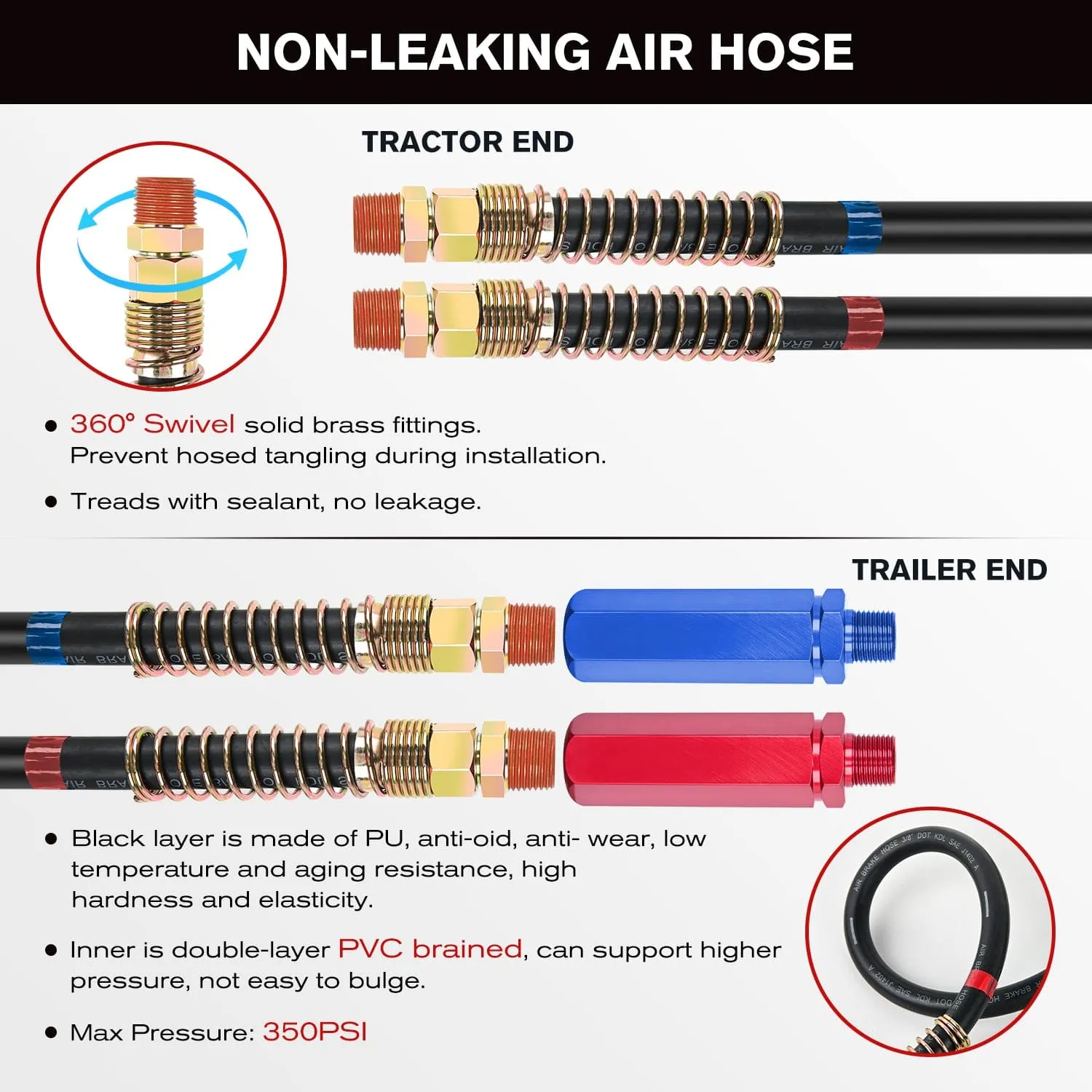 15FT 3-in-1 ABS Electrical Cord & Rubber Air Line Hose Kit with Gladhand&Handles