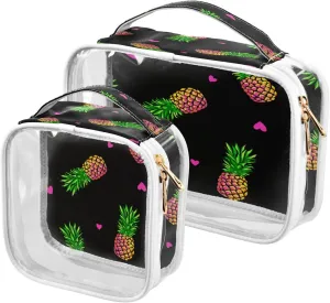 2 Pack Clear Makeup Bag with Handles Neon Pineapples and Hearts PVC Waterproof Clear Toiletry Bag for Women Men Traveling Carry on Clear Travel Pouch Cosmetic Bags