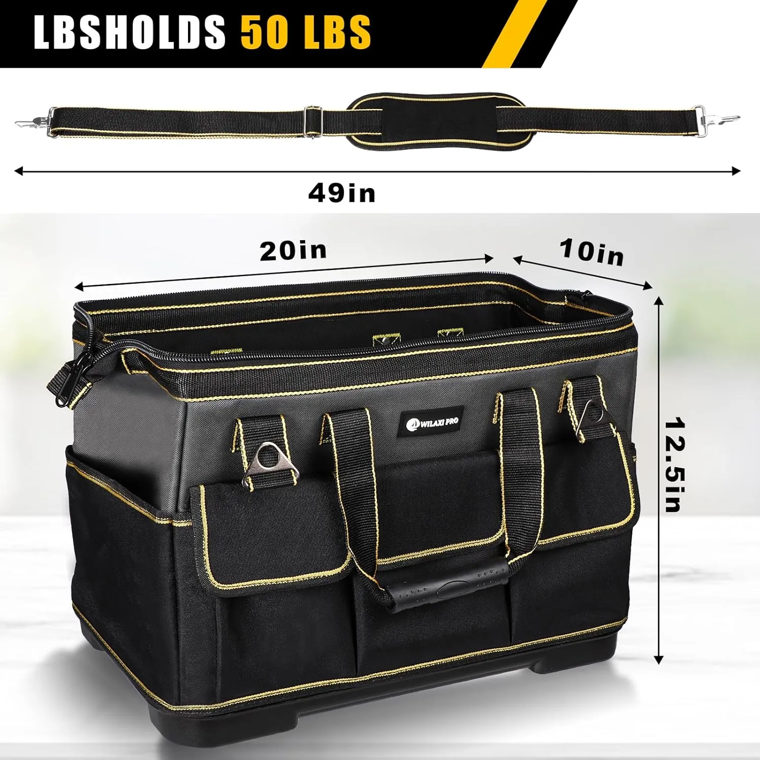 20 in Tool Bag For Men with Waterproof Molded Base, High Capacity Wide Mouth Tote, Construction Worker Electricians Tool Bags, Large Tool Bag Organizer for Men Women (Grey)