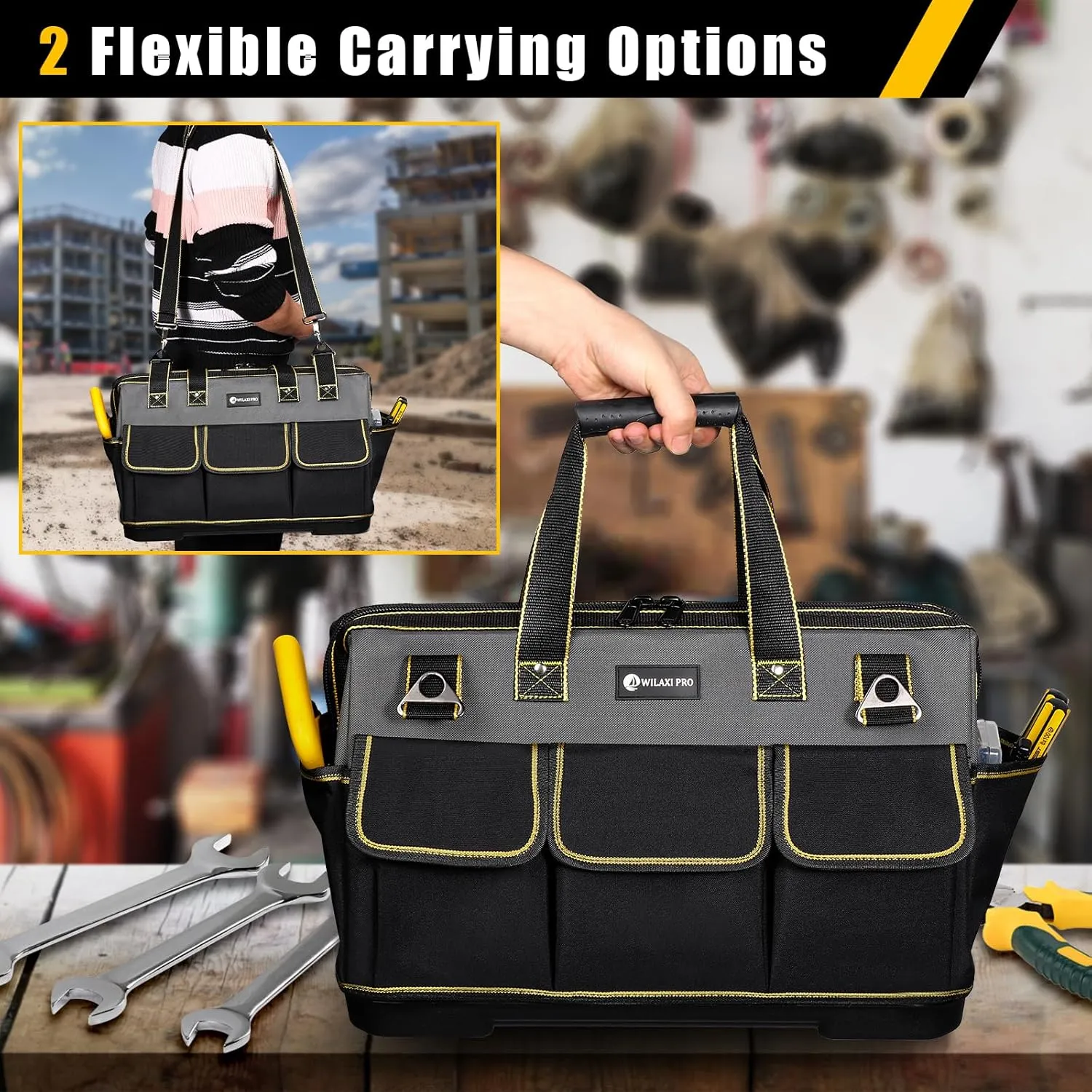 20 in Tool Bag For Men with Waterproof Molded Base, High Capacity Wide Mouth Tote, Construction Worker Electricians Tool Bags, Large Tool Bag Organizer for Men Women (Grey)