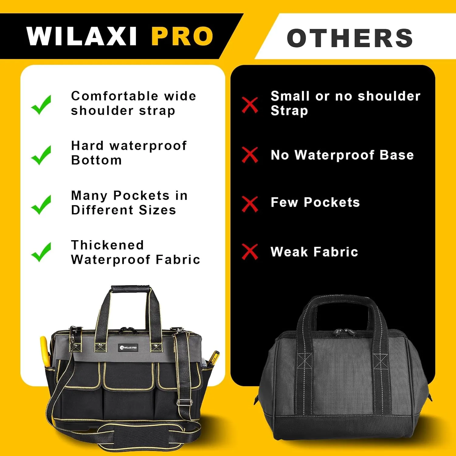 20 in Tool Bag For Men with Waterproof Molded Base, High Capacity Wide Mouth Tote, Construction Worker Electricians Tool Bags, Large Tool Bag Organizer for Men Women (Grey)
