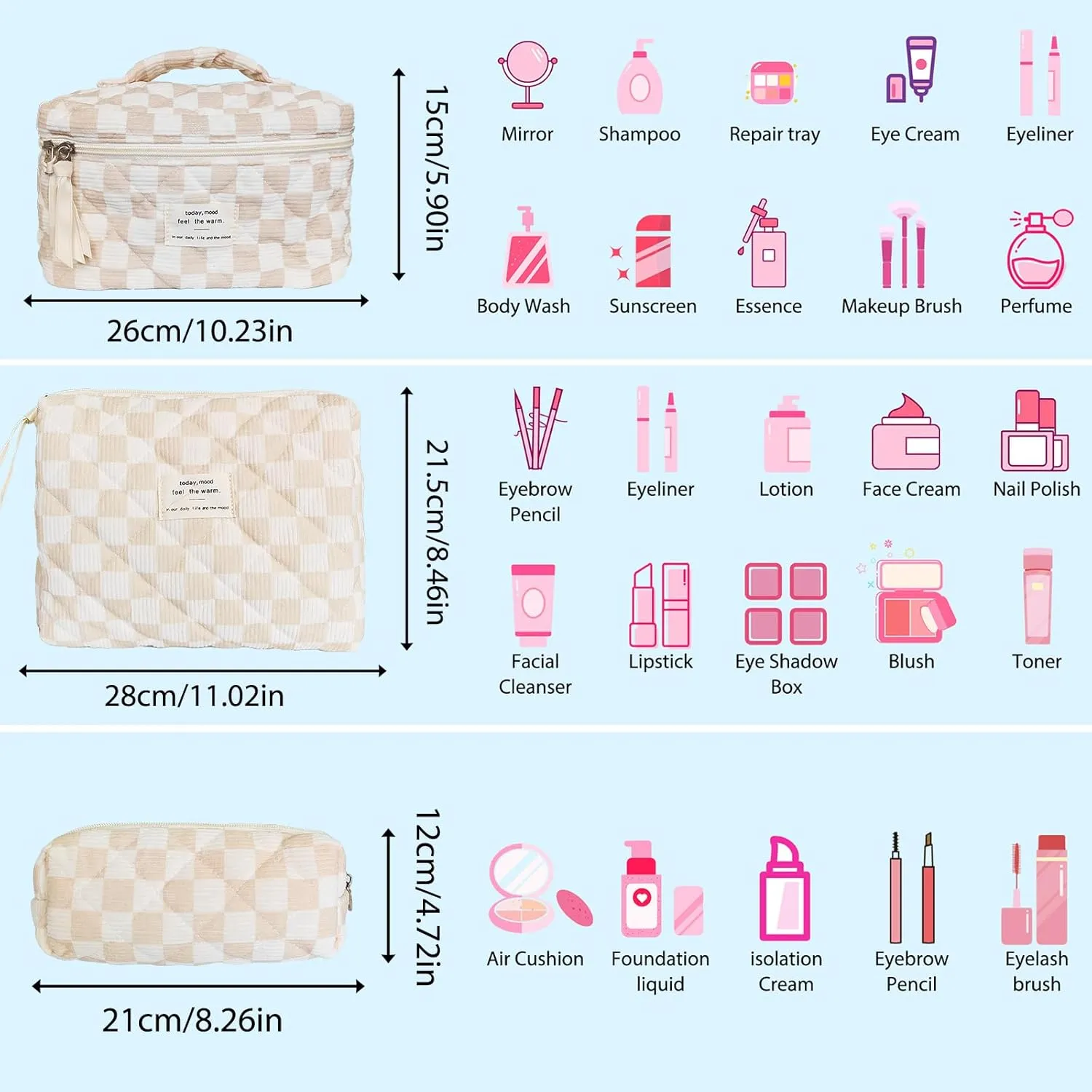 3 Piece Brown Checkered Corduroy Quilted Makeup Bag Set, Large Capacity Travel Makeup Bags for Women and Girls, Includes Small, Medium, and Large aesthetic makeup&Cosmetic Bags (3pcs-BrownCheckered)