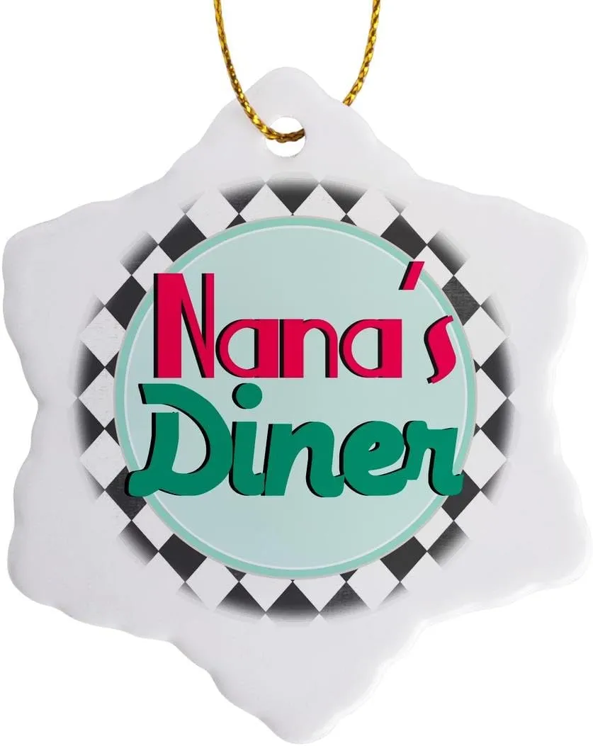 3dRose orn_151663_1 Nanas Diner Sign on Black-Retro Hot Pink Turquoise Teal Blue 1950S Grandmas Kitchen-Snowflake Ornament, 3-Inch, Porcelain