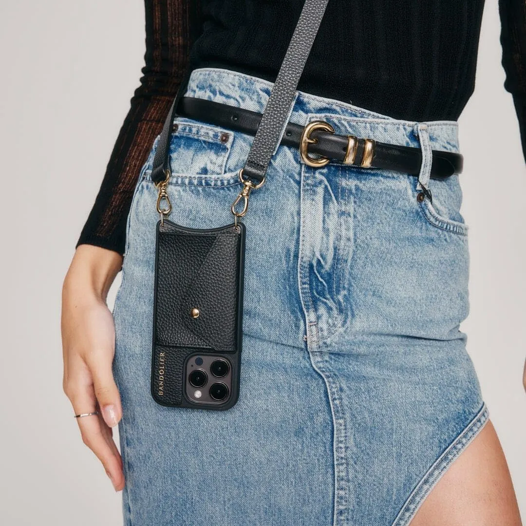 Bandolier Hailey Crossbody Wallet Phone Case for iPhone 15. 100% Genuine Pebble Leather with Gold Hardware. Adjustable & Removable Strap. Expandable Flip Card Holder. Black with Gold
