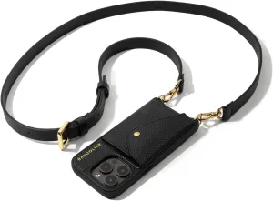 Bandolier Hailey Crossbody Wallet Phone Case for iPhone 15. 100% Genuine Pebble Leather with Gold Hardware. Adjustable & Removable Strap. Expandable Flip Card Holder. Black with Gold