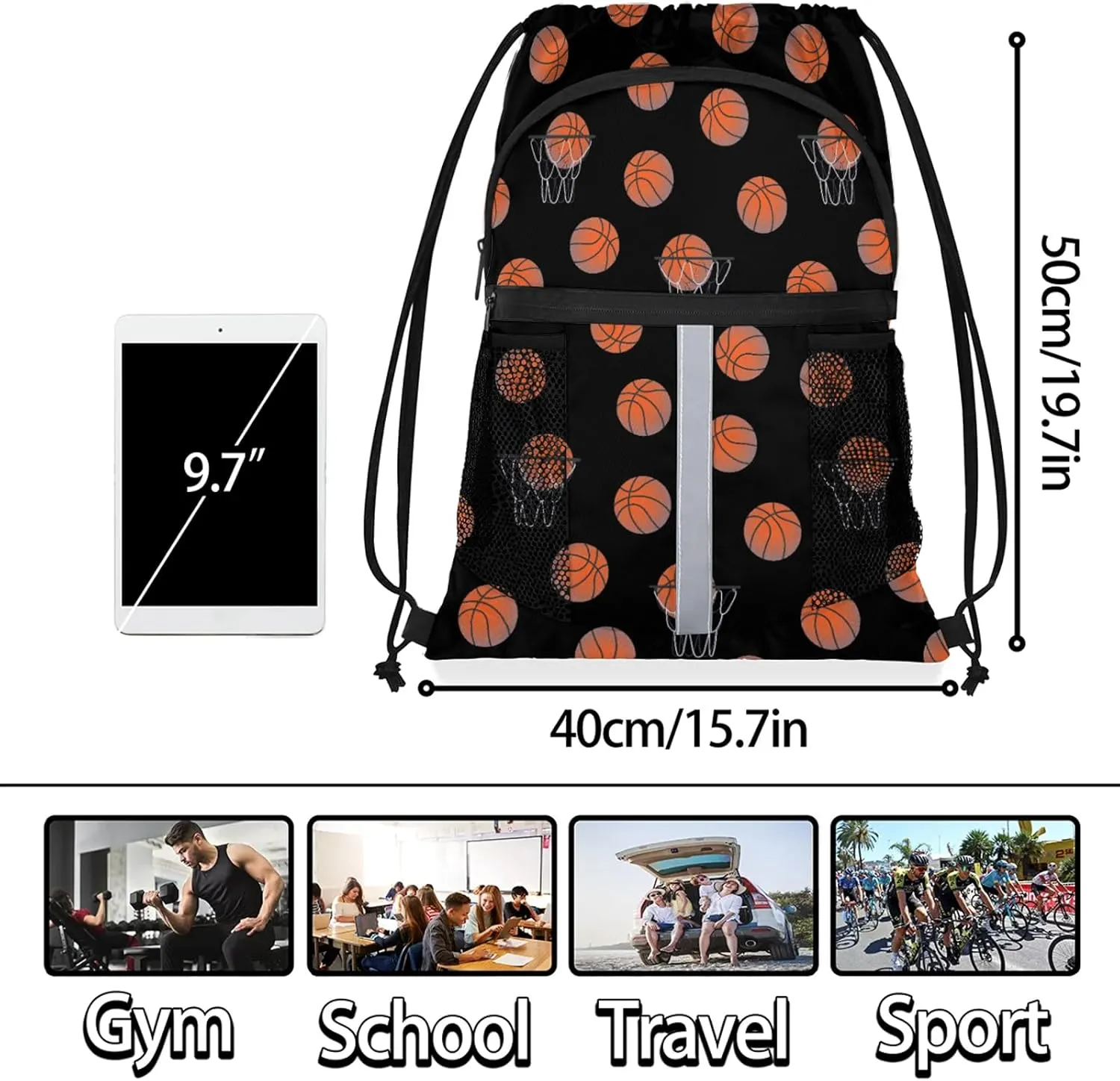 Basketball Drawstring Backpack Black Sports Gym Sackpack for Women Men Waterproof String Bag with Mesh Pockets