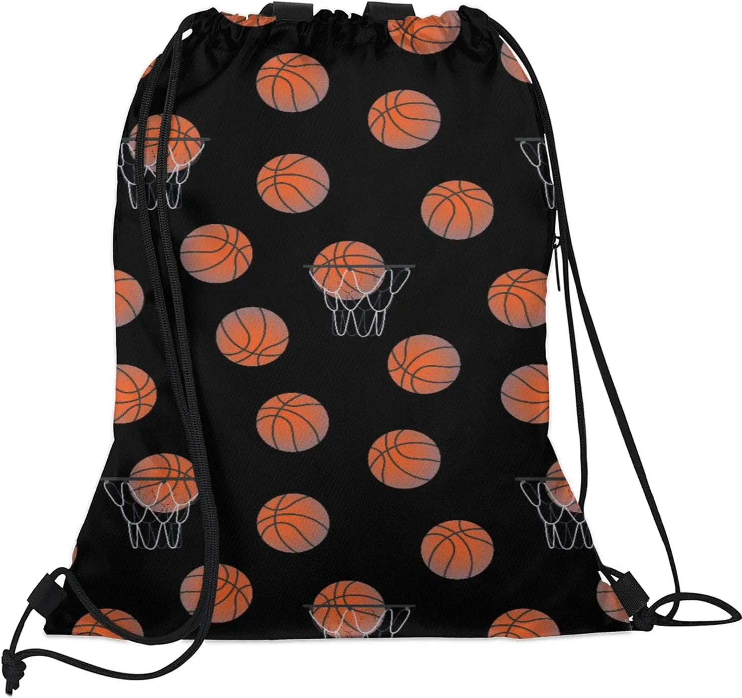 Basketball Drawstring Backpack Black Sports Gym Sackpack for Women Men Waterproof String Bag with Mesh Pockets