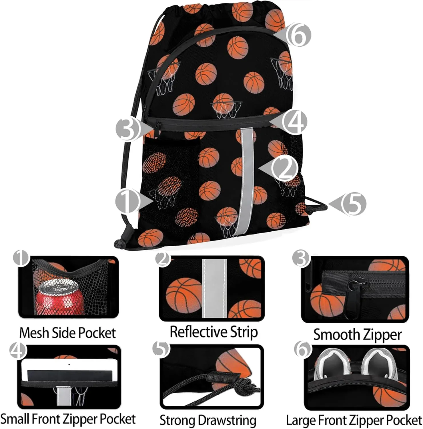 Basketball Drawstring Backpack Black Sports Gym Sackpack for Women Men Waterproof String Bag with Mesh Pockets