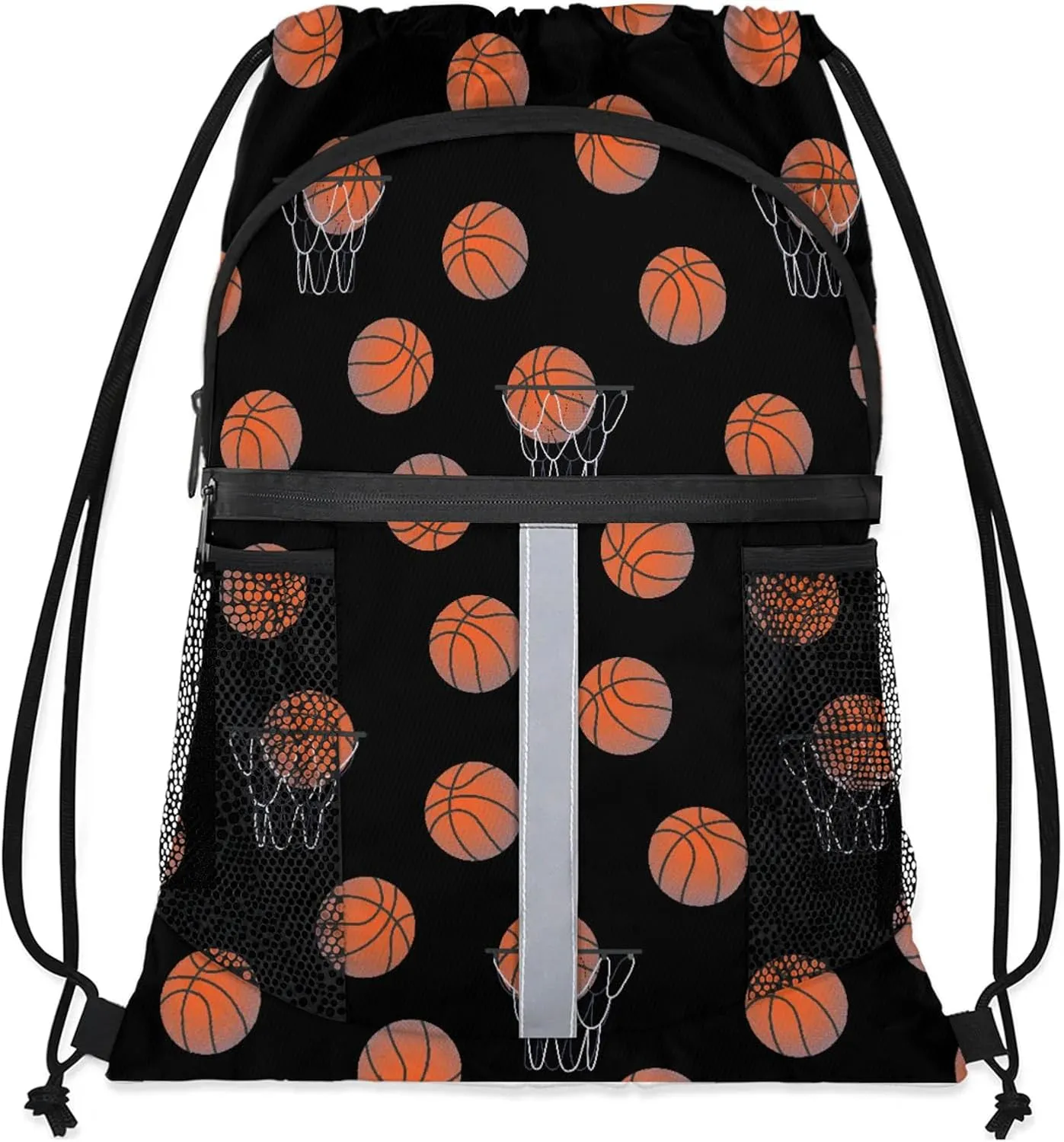 Basketball Drawstring Backpack Black Sports Gym Sackpack for Women Men Waterproof String Bag with Mesh Pockets