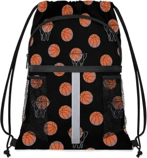 Basketball Drawstring Backpack Black Sports Gym Sackpack for Women Men Waterproof String Bag with Mesh Pockets