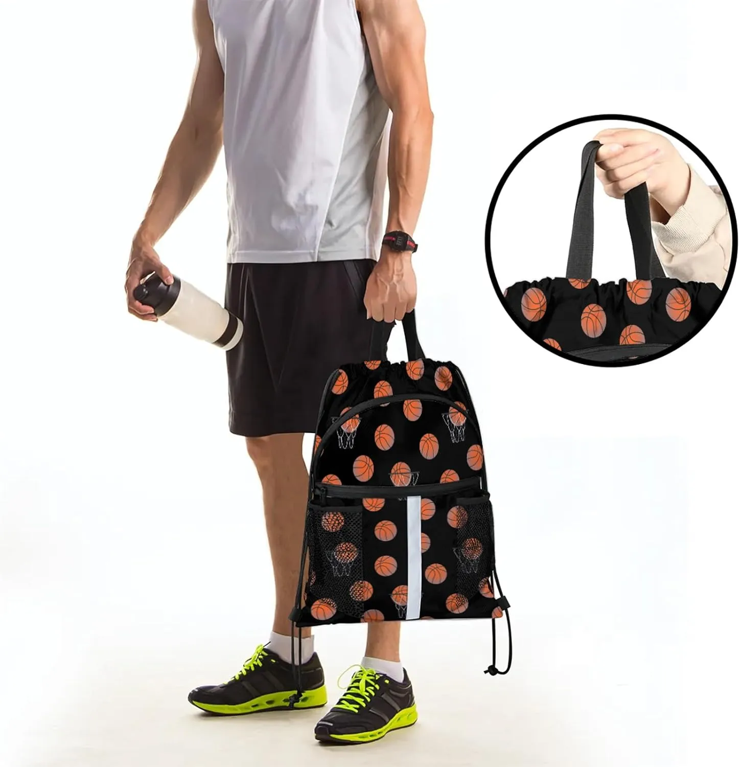 Basketball Drawstring Backpack Black Sports Gym Sackpack for Women Men Waterproof String Bag with Mesh Pockets