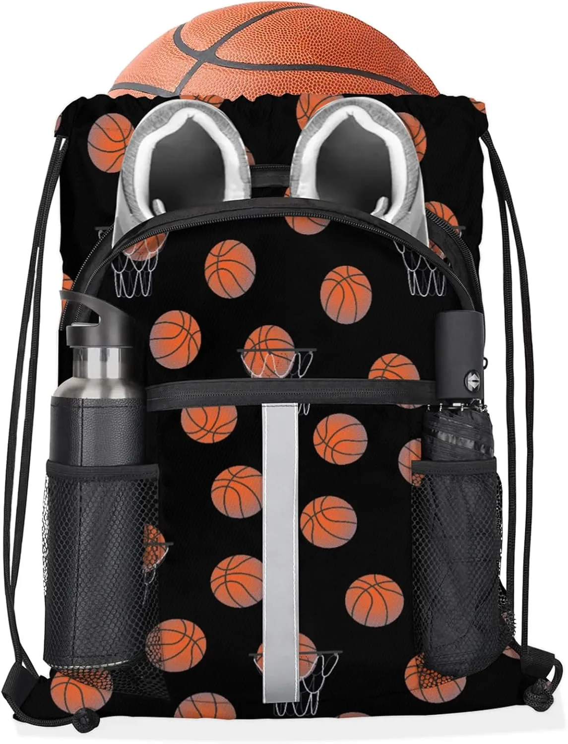 Basketball Drawstring Backpack Black Sports Gym Sackpack for Women Men Waterproof String Bag with Mesh Pockets