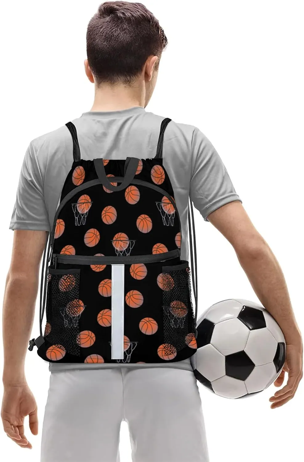 Basketball Drawstring Backpack Black Sports Gym Sackpack for Women Men Waterproof String Bag with Mesh Pockets