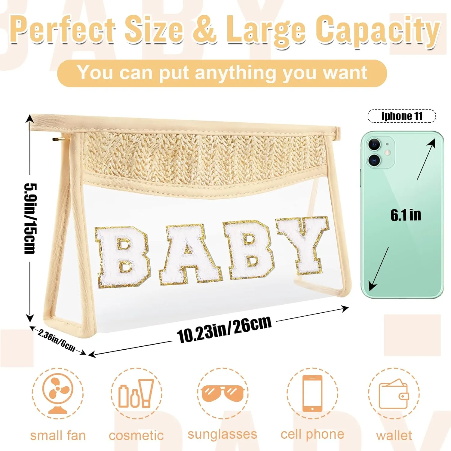 Boho Clear Makeup Letter Patch Makeup Bag BABY Pouch, Clear Toiletry Bag Travel Small Cute Preppy Chenille Letter Cosmetic Zipper Purse, Waterproof Diaper Bag Organizing Pouches for Women Girls(BABY)