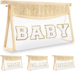 Boho Clear Makeup Letter Patch Makeup Bag BABY Pouch, Clear Toiletry Bag Travel Small Cute Preppy Chenille Letter Cosmetic Zipper Purse, Waterproof Diaper Bag Organizing Pouches for Women Girls(BABY)