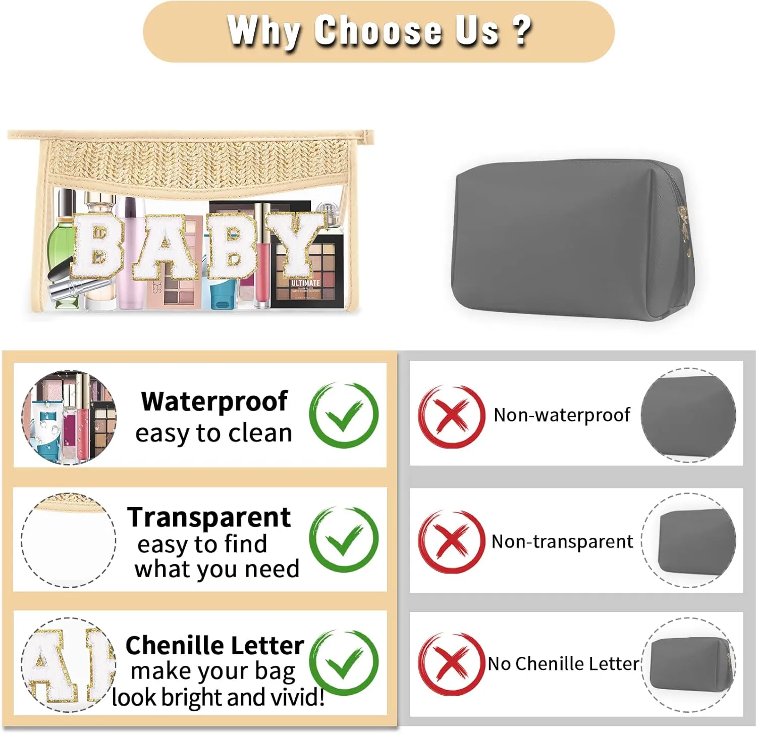 Boho Clear Makeup Letter Patch Makeup Bag BABY Pouch, Clear Toiletry Bag Travel Small Cute Preppy Chenille Letter Cosmetic Zipper Purse, Waterproof Diaper Bag Organizing Pouches for Women Girls(BABY)