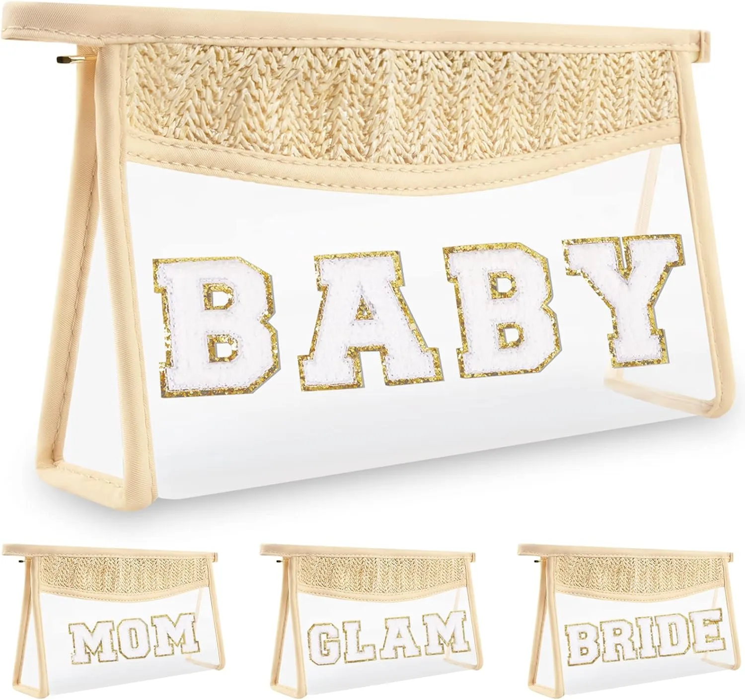 Boho Clear Makeup Letter Patch Makeup Bag BABY Pouch, Clear Toiletry Bag Travel Small Cute Preppy Chenille Letter Cosmetic Zipper Purse, Waterproof Diaper Bag Organizing Pouches for Women Girls(BABY)