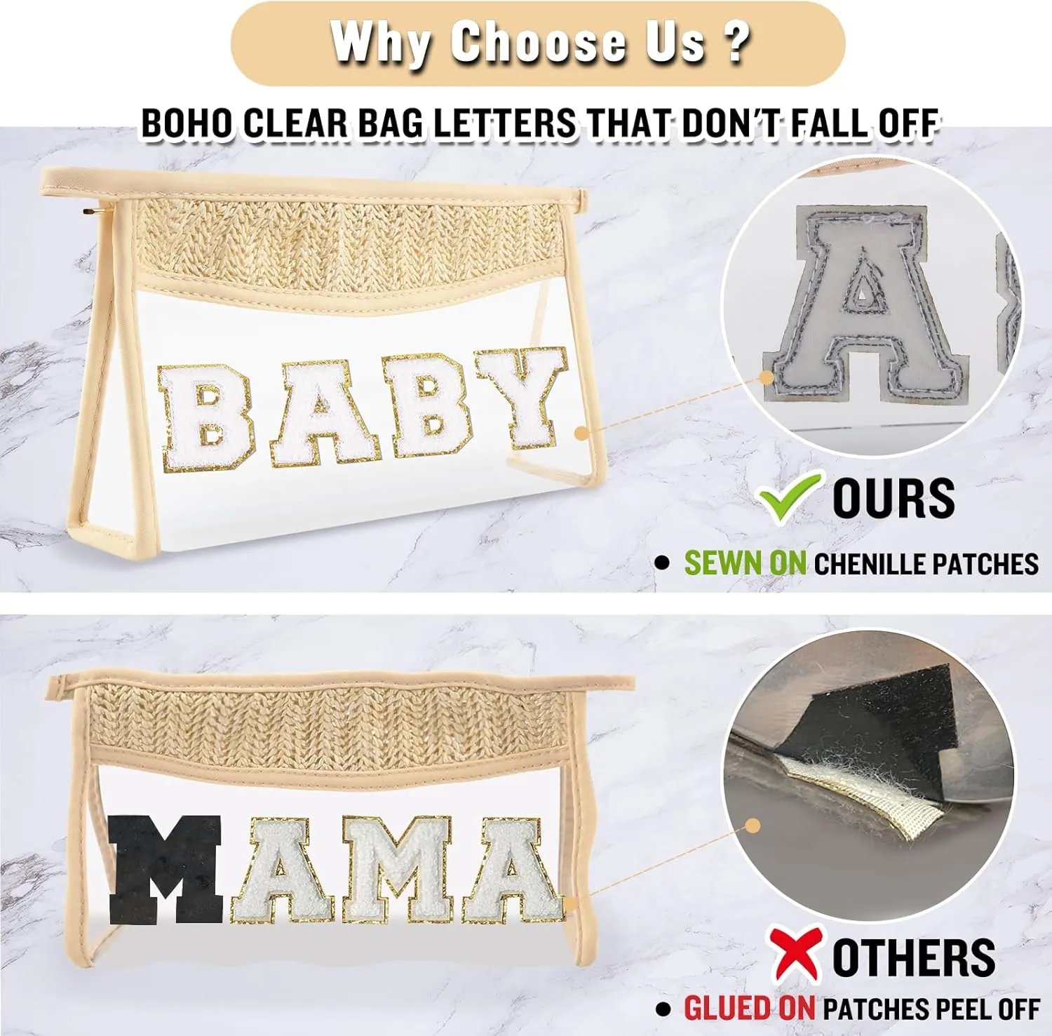 Boho Clear Makeup Letter Patch Makeup Bag BABY Pouch, Clear Toiletry Bag Travel Small Cute Preppy Chenille Letter Cosmetic Zipper Purse, Waterproof Diaper Bag Organizing Pouches for Women Girls(BABY)