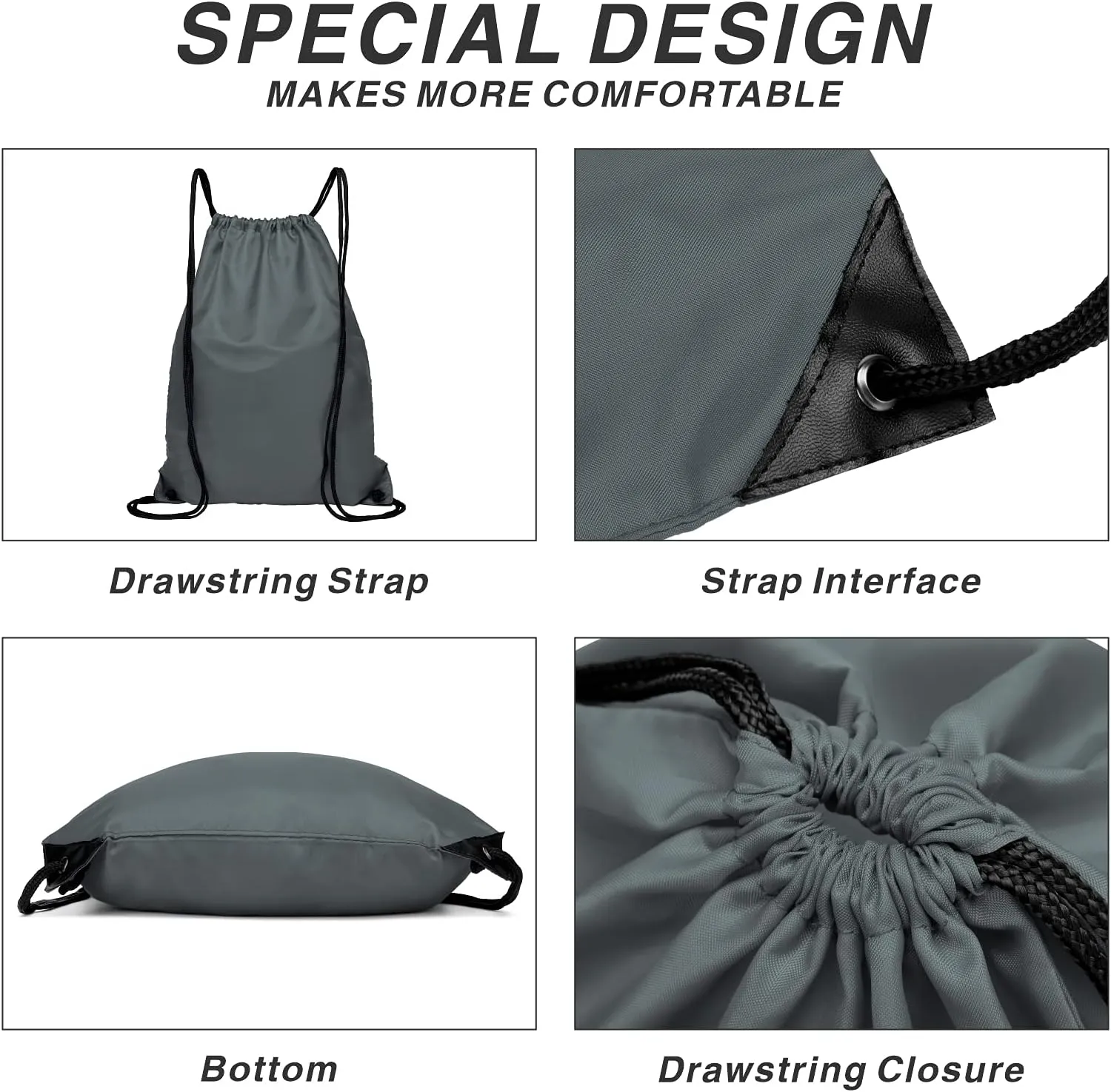 BuyAgain Drawstring Backpack Sports Water Resistant String Bag Sport Gym Sackpack for Women Men Large with Zipper, Grey