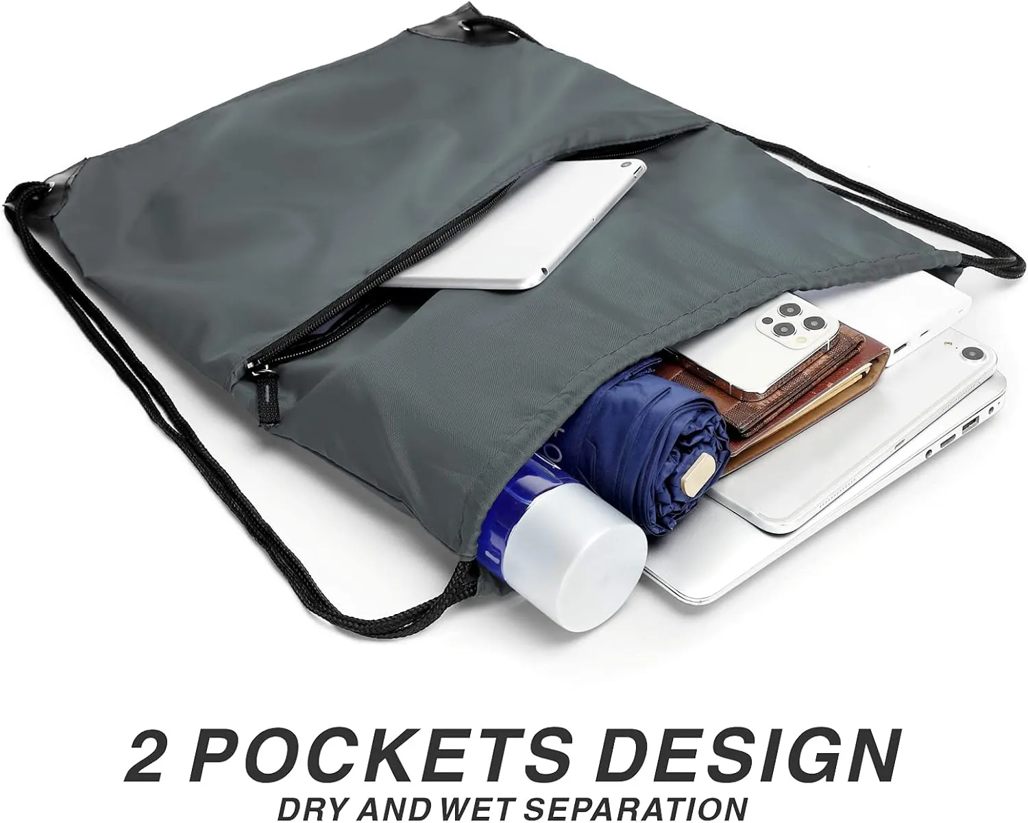 BuyAgain Drawstring Backpack Sports Water Resistant String Bag Sport Gym Sackpack for Women Men Large with Zipper, Grey