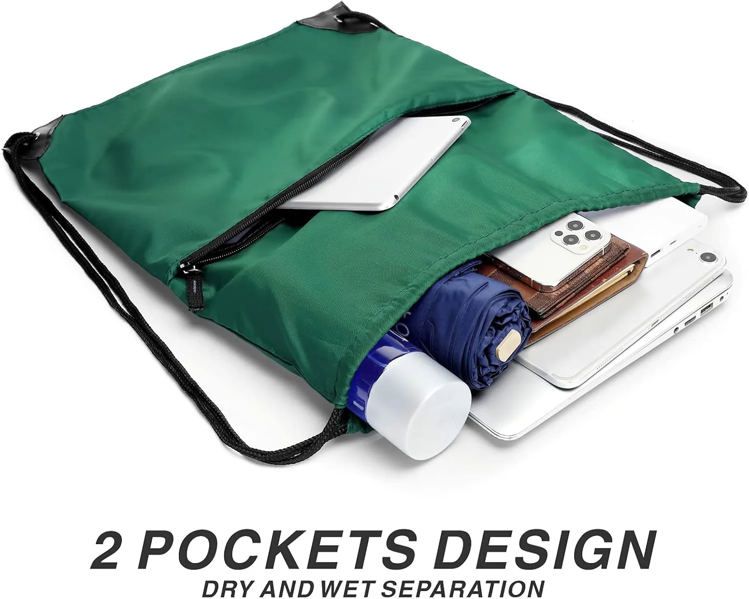 BuyAgain Drawstring Backpack Sports Water Resistant String Bag Sport Gym Sackpack for Women Men Large with Zipper (Hunter Green)