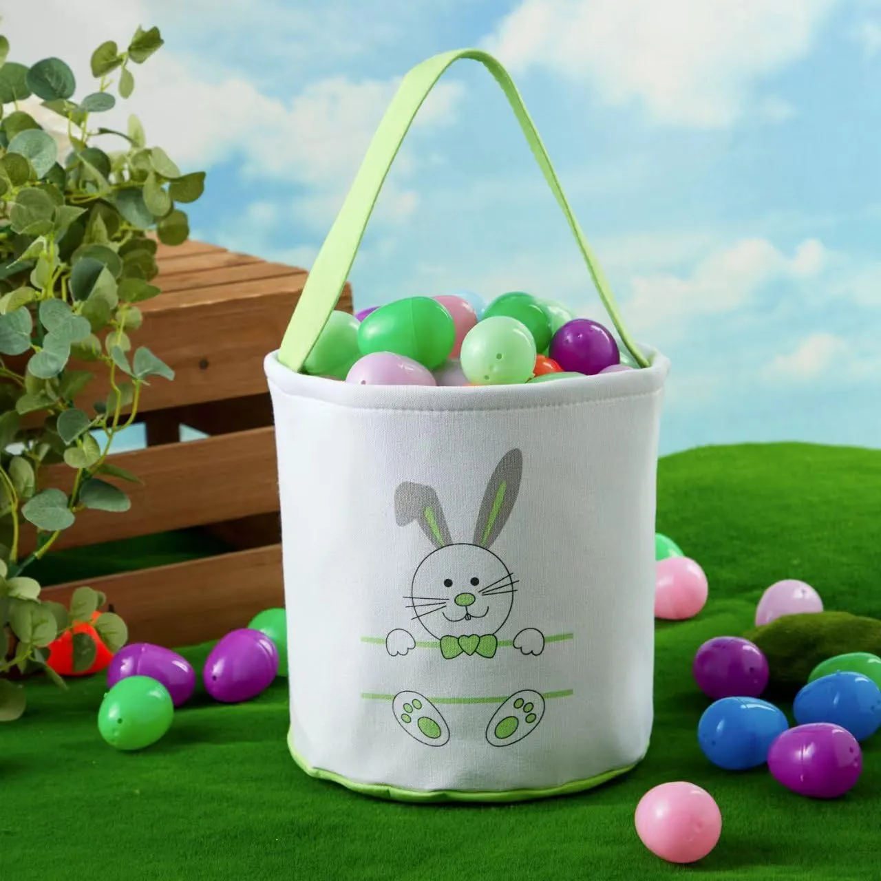 Easter Bucket, Canvas Easter Bunny Basket, Bunny Face Print Basket, Easter Basket with Handle for Easter Egg Hunts for Easter Party Gifts (Green)