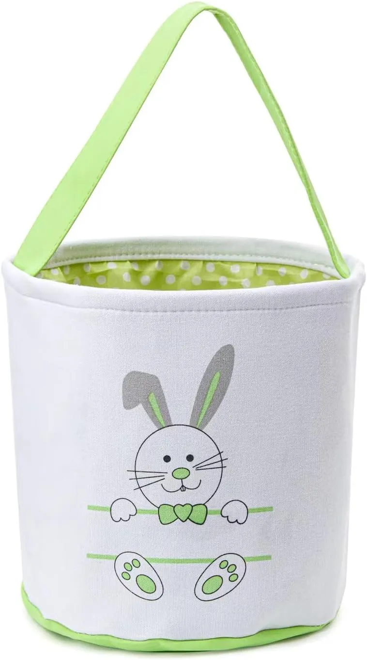 Easter Bucket, Canvas Easter Bunny Basket, Bunny Face Print Basket, Easter Basket with Handle for Easter Egg Hunts for Easter Party Gifts (Green)