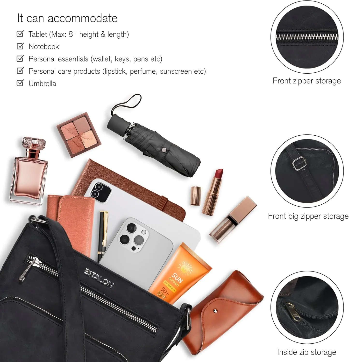 ESTALON Women's Real Leather Crossbody Purse With Adjustable Sling Strap - Medium Size Crossover Shoulder Hand Bag