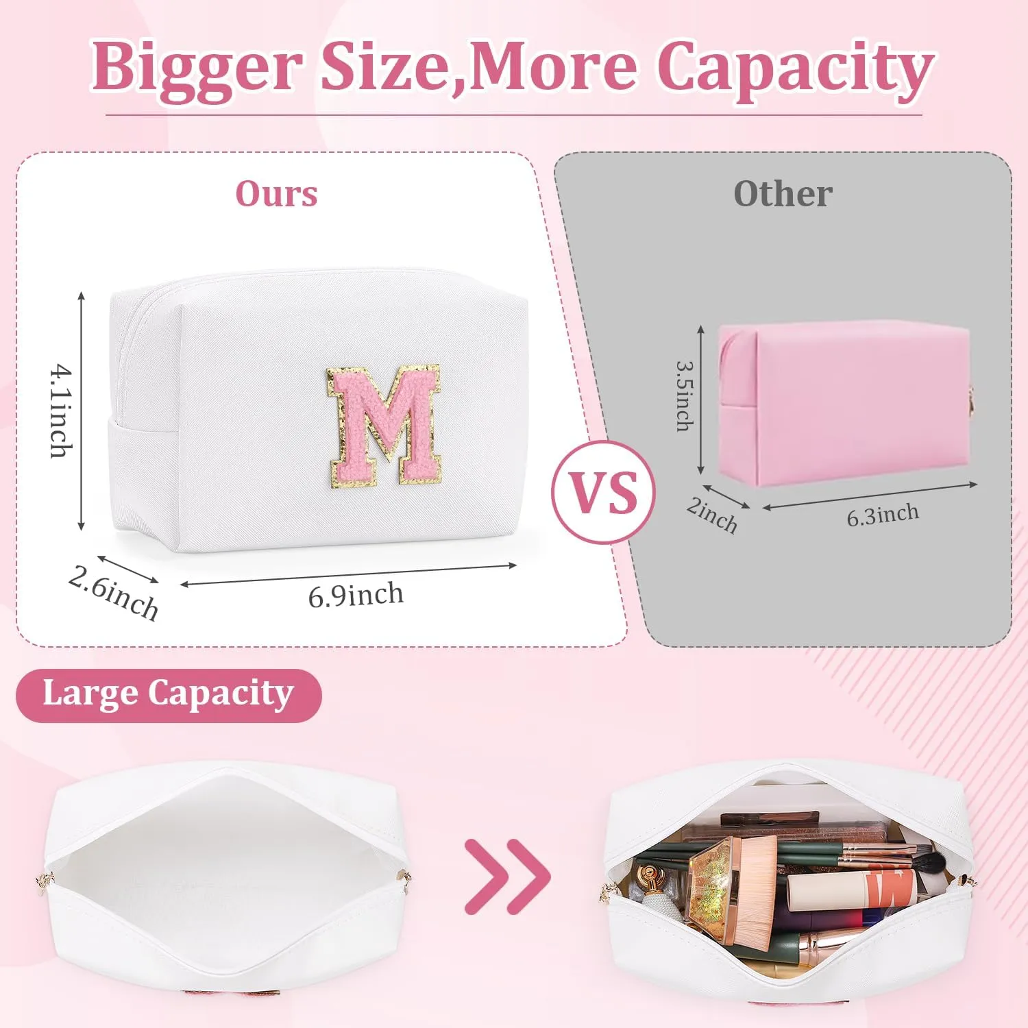 Etercycle Small Personalized Initial Letter Makeup Bag for Women, Cute Waterproof PU Leather Cosmetic Bag Travel Makeup Bag, Makeup Pouch Toiletry Pouch Organizer with Zipper (M, White)