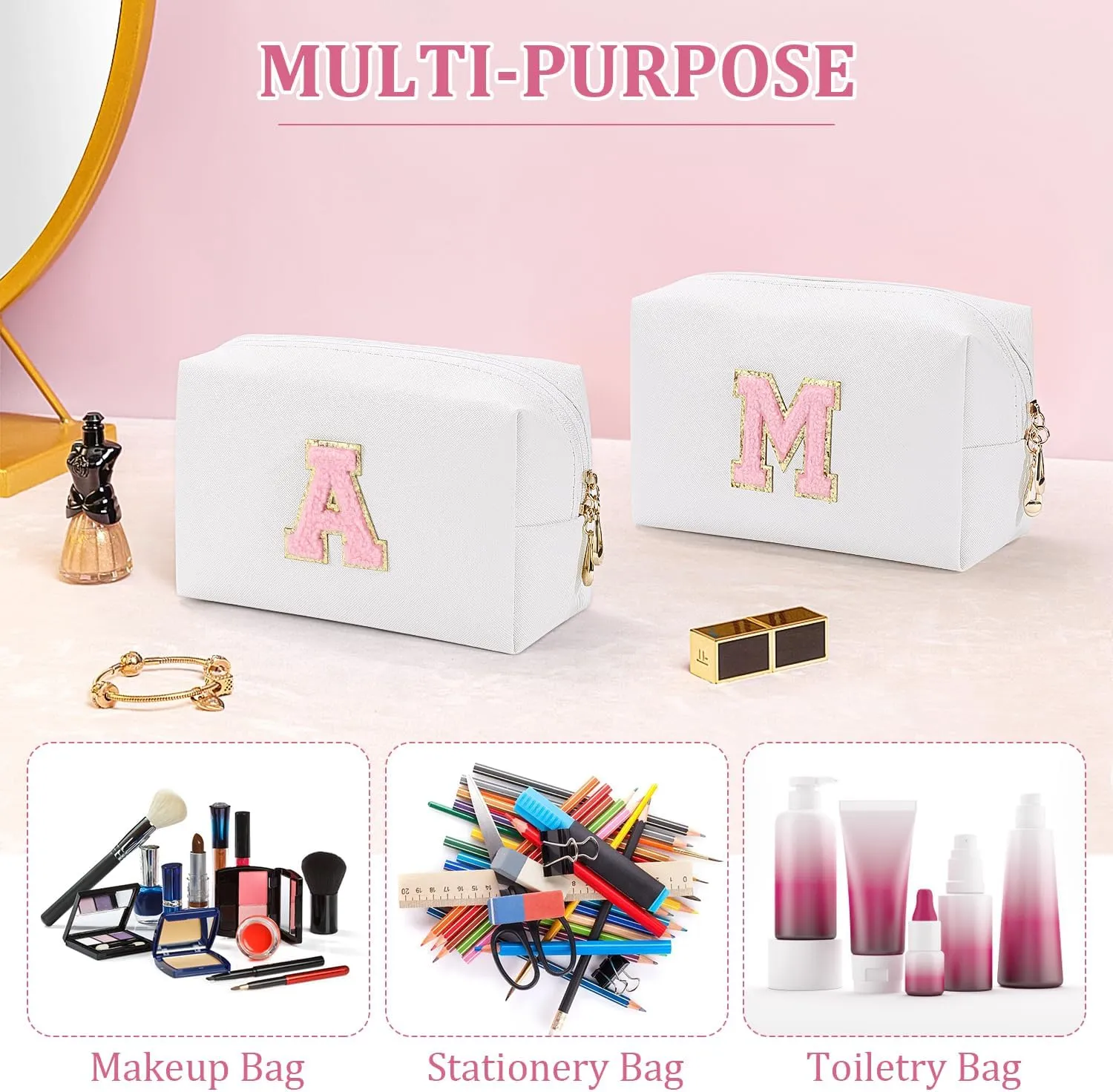Etercycle Small Personalized Initial Letter Makeup Bag for Women, Cute Waterproof PU Leather Cosmetic Bag Travel Makeup Bag, Makeup Pouch Toiletry Pouch Organizer with Zipper (M, White)