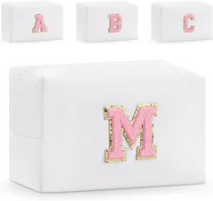 Etercycle Small Personalized Initial Letter Makeup Bag for Women, Cute Waterproof PU Leather Cosmetic Bag Travel Makeup Bag, Makeup Pouch Toiletry Pouch Organizer with Zipper (M, White)