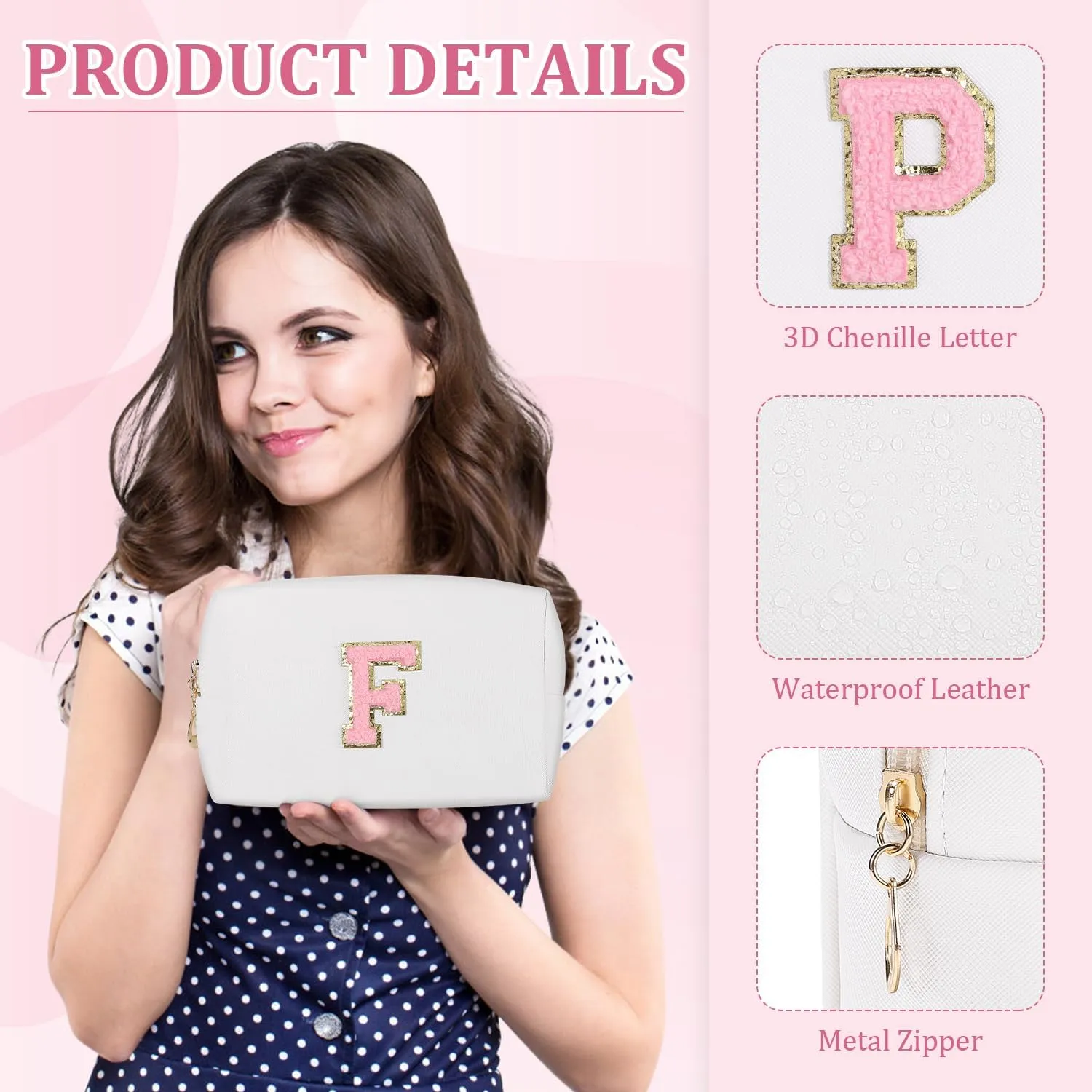 Etercycle Small Personalized Initial Letter Makeup Bag for Women, Cute Waterproof PU Leather Cosmetic Bag Travel Makeup Bag, Makeup Pouch Toiletry Pouch Organizer with Zipper (M, White)