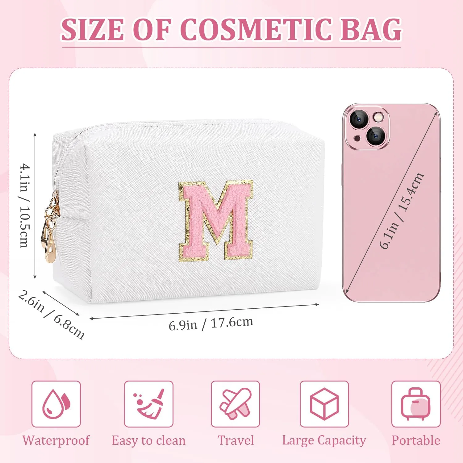 Etercycle Small Personalized Initial Letter Makeup Bag for Women, Cute Waterproof PU Leather Cosmetic Bag Travel Makeup Bag, Makeup Pouch Toiletry Pouch Organizer with Zipper (M, White)