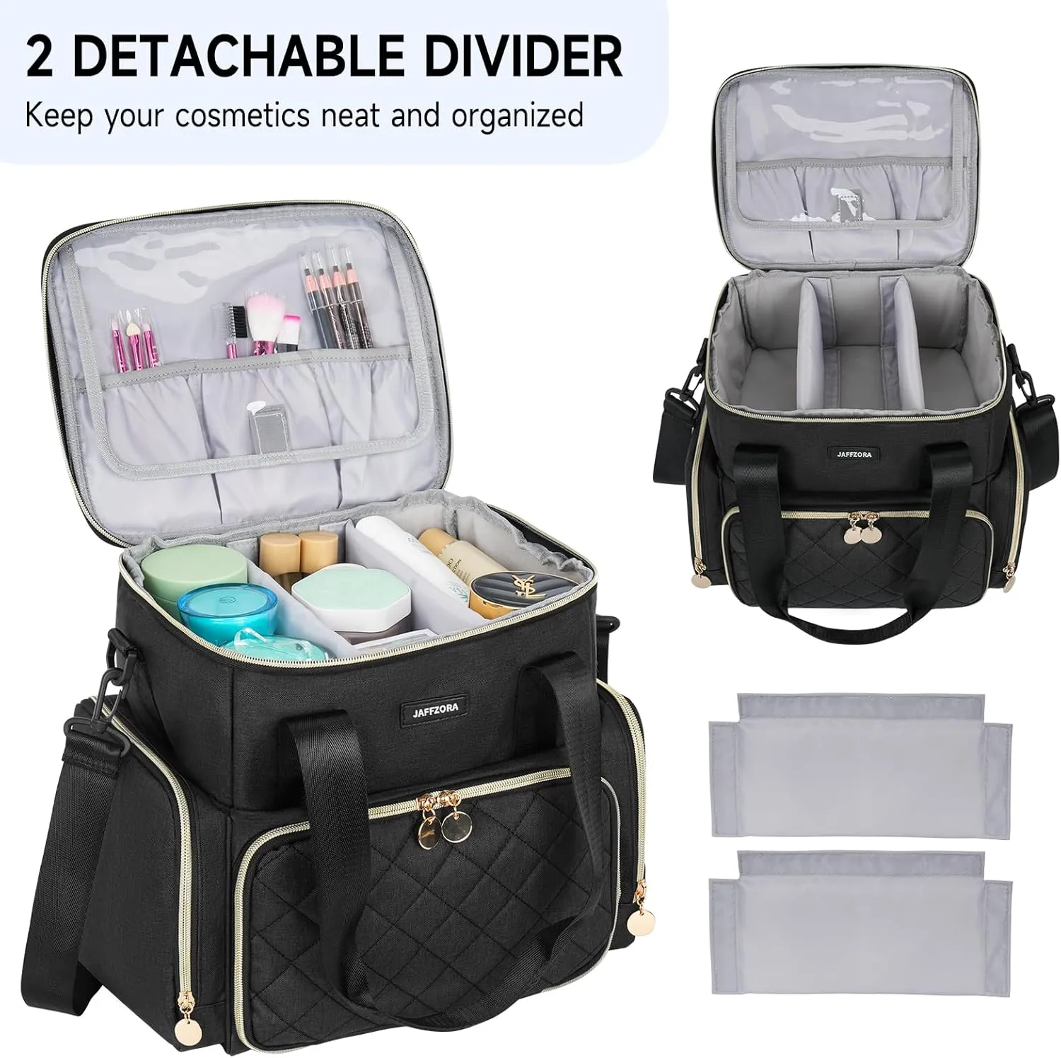 Extra Large Makeup Bag with 3 Removable Cases, Double Layers Travel Cosmetic Storage Organizer Bag with Detachable Dividers, Black