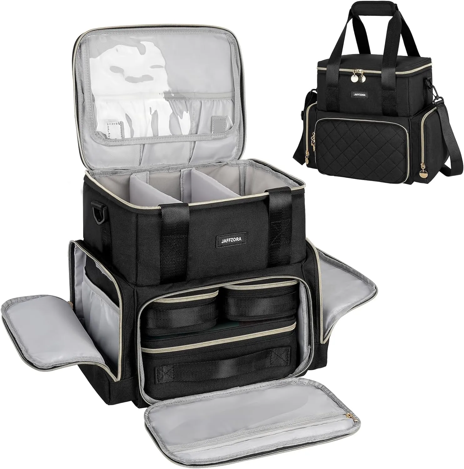 Extra Large Makeup Bag with 3 Removable Cases, Double Layers Travel Cosmetic Storage Organizer Bag with Detachable Dividers, Black