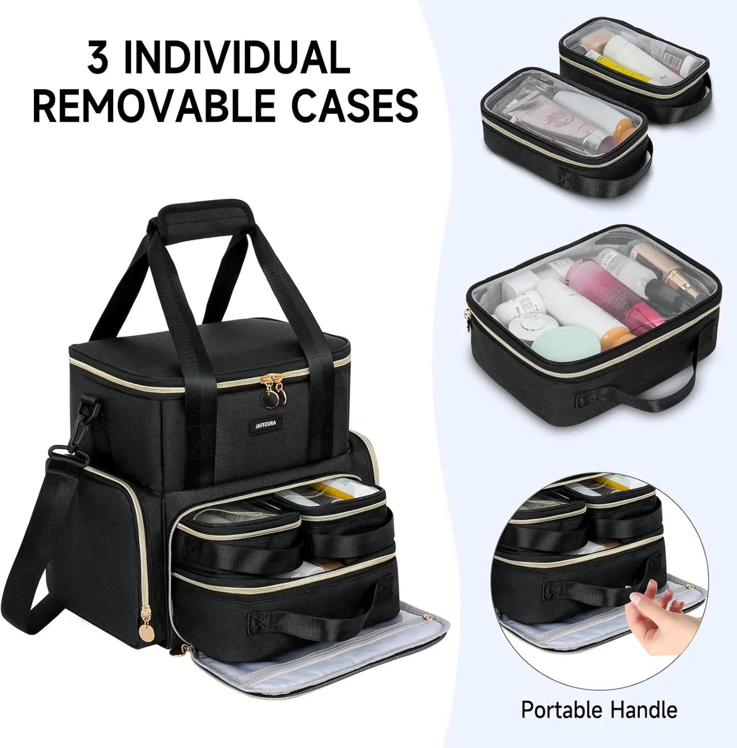Extra Large Makeup Bag with 3 Removable Cases, Double Layers Travel Cosmetic Storage Organizer Bag with Detachable Dividers, Black