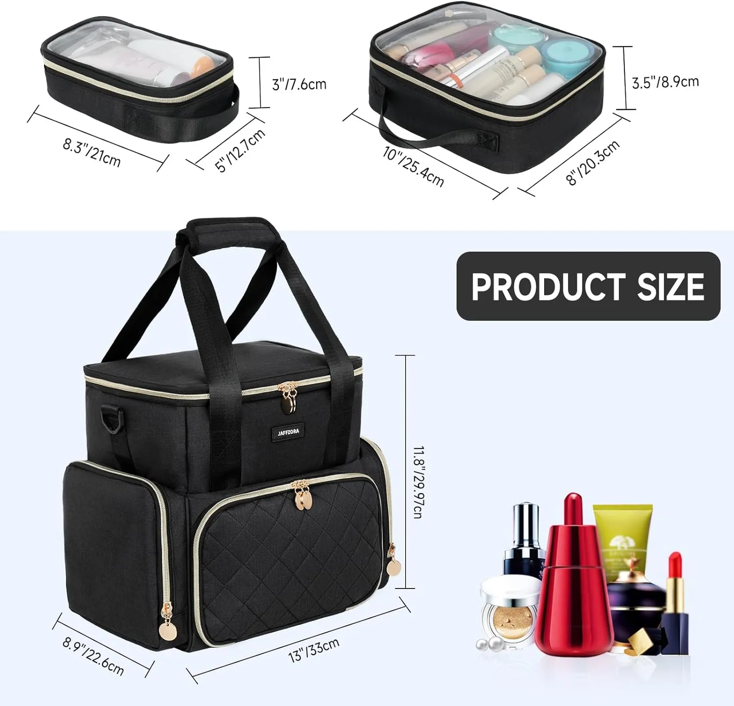Extra Large Makeup Bag with 3 Removable Cases, Double Layers Travel Cosmetic Storage Organizer Bag with Detachable Dividers, Black