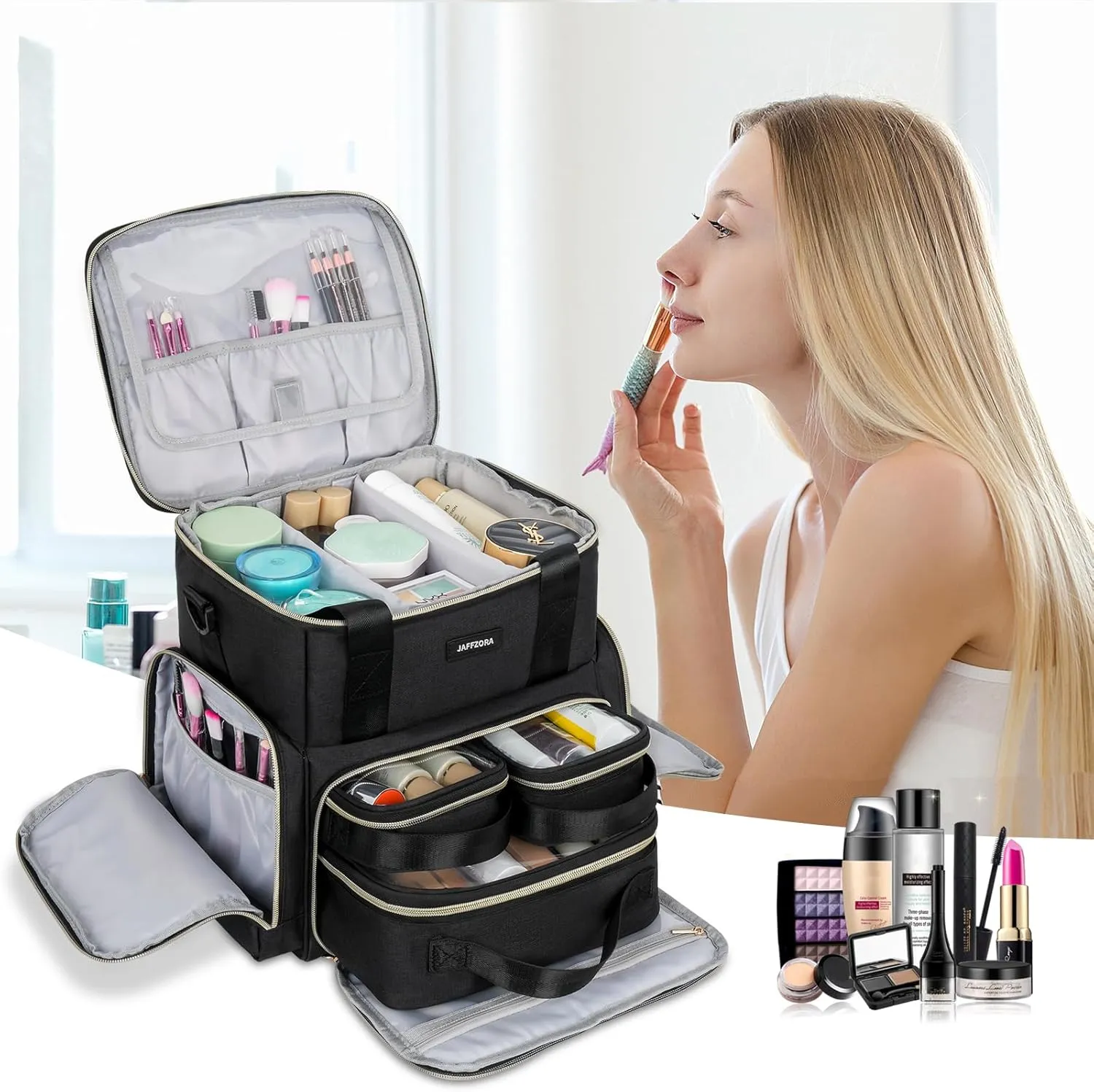 Extra Large Makeup Bag with 3 Removable Cases, Double Layers Travel Cosmetic Storage Organizer Bag with Detachable Dividers, Black