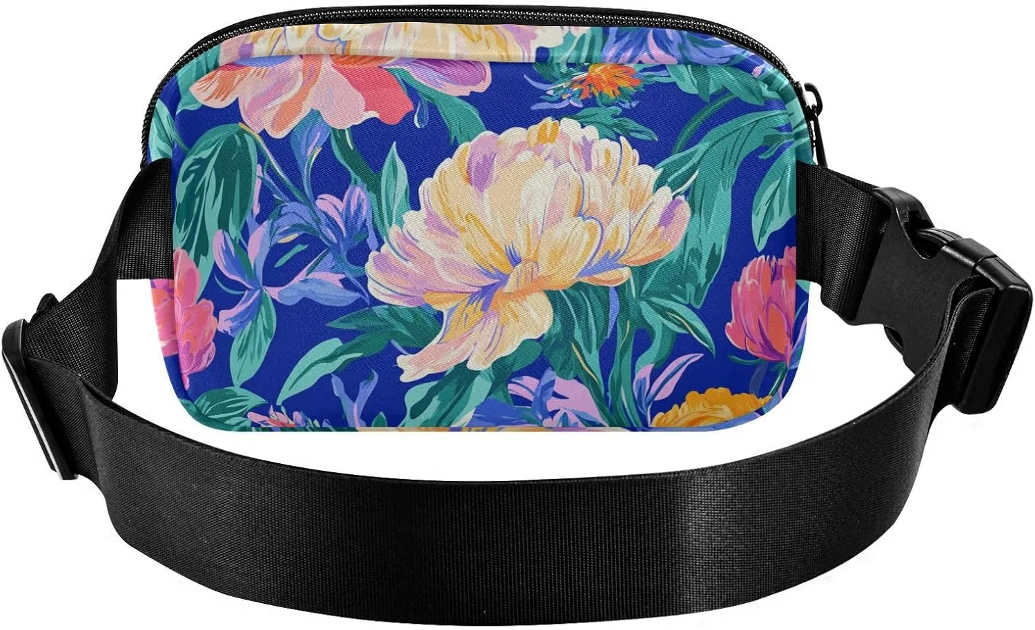 Fanny Pack Waist Bag with Adjustable Strap, Women Men Crossbody Sling Bags, Florals Peonies Pansy Amaryllis Royal Blue, Large Capacity Travel Wallet for Shopping Sports Work