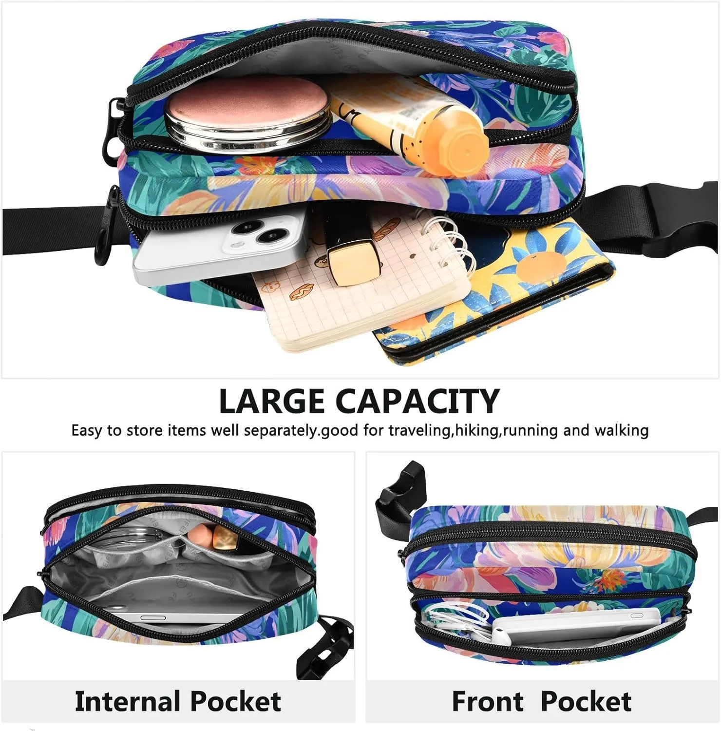 Fanny Pack Waist Bag with Adjustable Strap, Women Men Crossbody Sling Bags, Florals Peonies Pansy Amaryllis Royal Blue, Large Capacity Travel Wallet for Shopping Sports Work