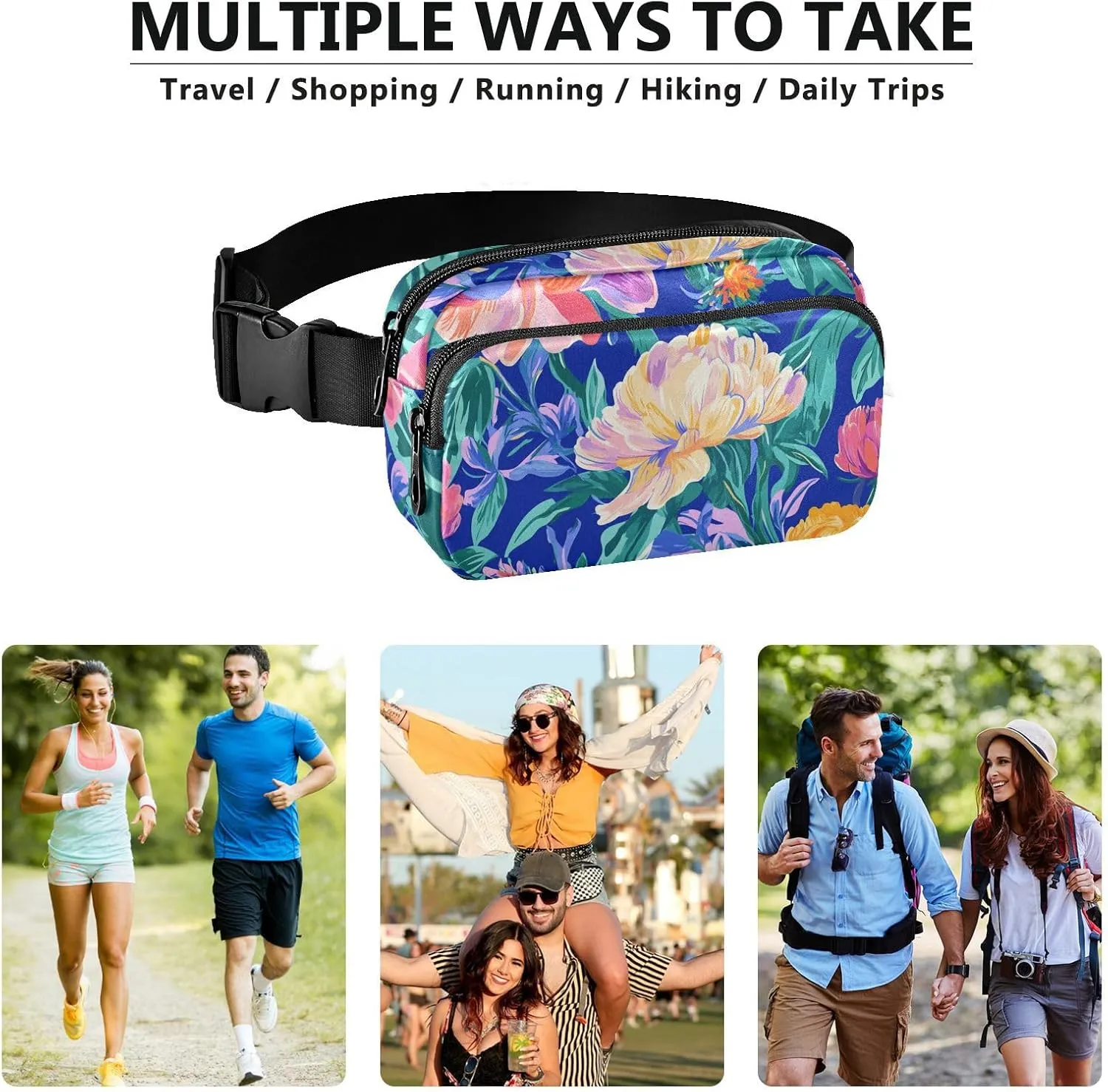 Fanny Pack Waist Bag with Adjustable Strap, Women Men Crossbody Sling Bags, Florals Peonies Pansy Amaryllis Royal Blue, Large Capacity Travel Wallet for Shopping Sports Work