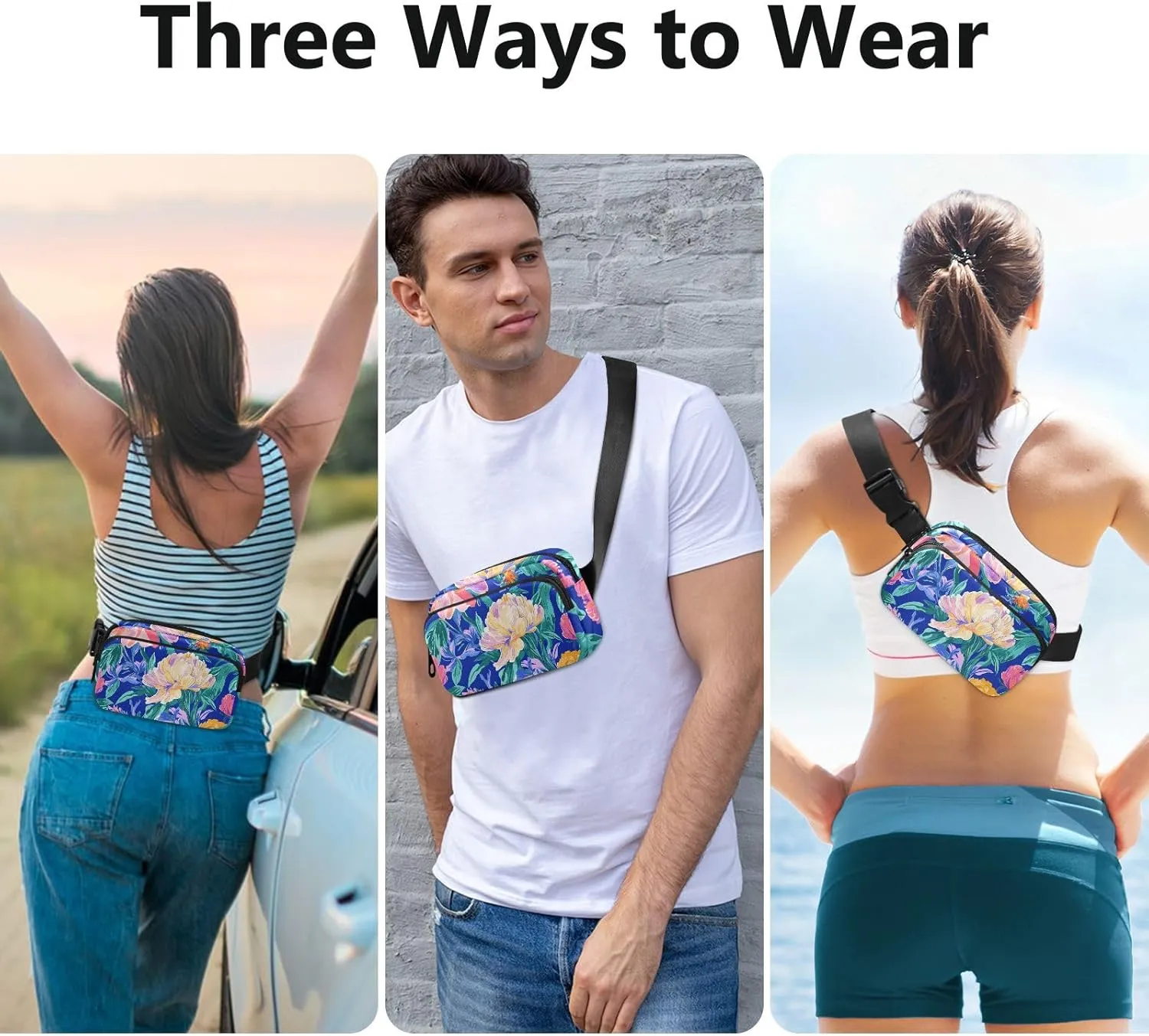 Fanny Pack Waist Bag with Adjustable Strap, Women Men Crossbody Sling Bags, Florals Peonies Pansy Amaryllis Royal Blue, Large Capacity Travel Wallet for Shopping Sports Work