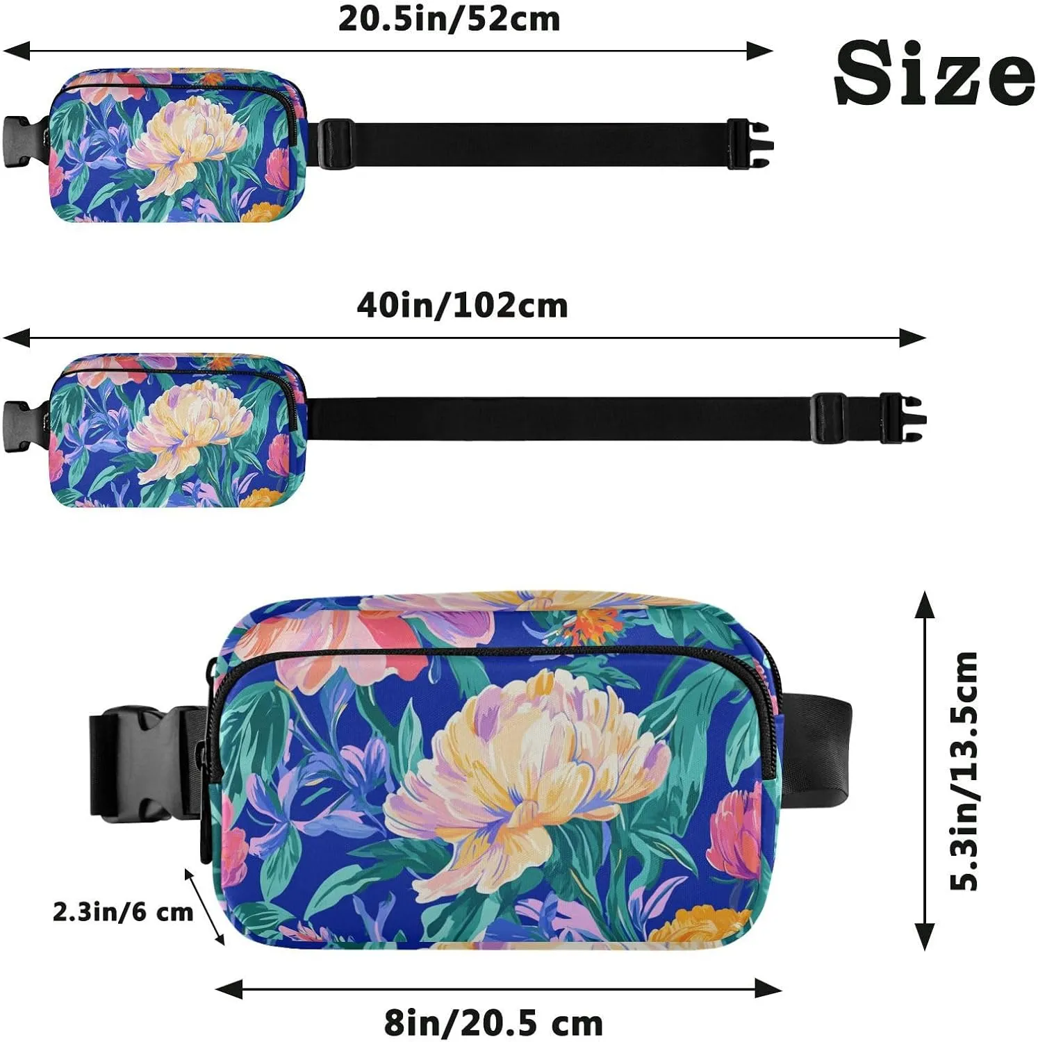 Fanny Pack Waist Bag with Adjustable Strap, Women Men Crossbody Sling Bags, Florals Peonies Pansy Amaryllis Royal Blue, Large Capacity Travel Wallet for Shopping Sports Work