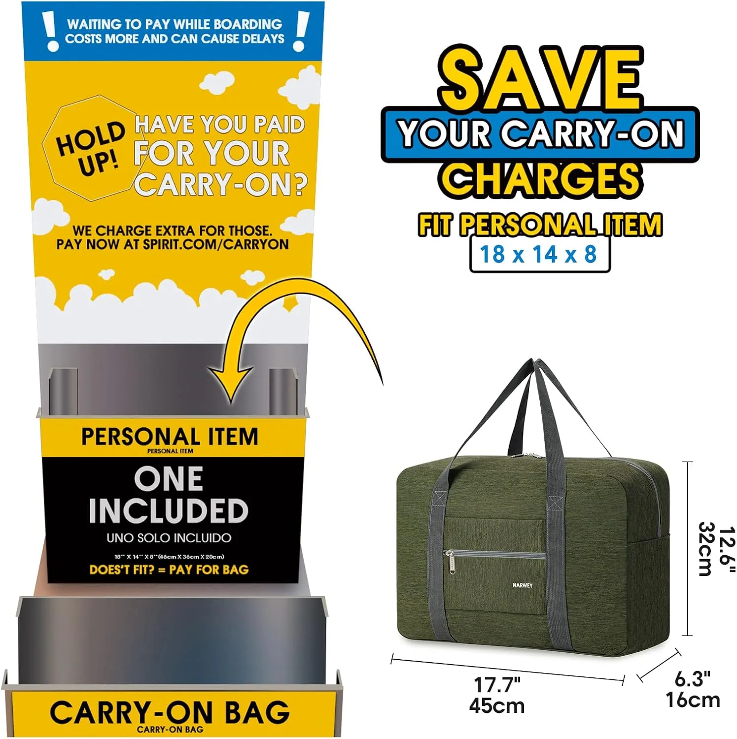 For Spirit Airlines Personal Item Bag 18x14x8 Foldable Travel Duffel Bag Tote Carry on Luggage Duffle Overnight for Women and Men