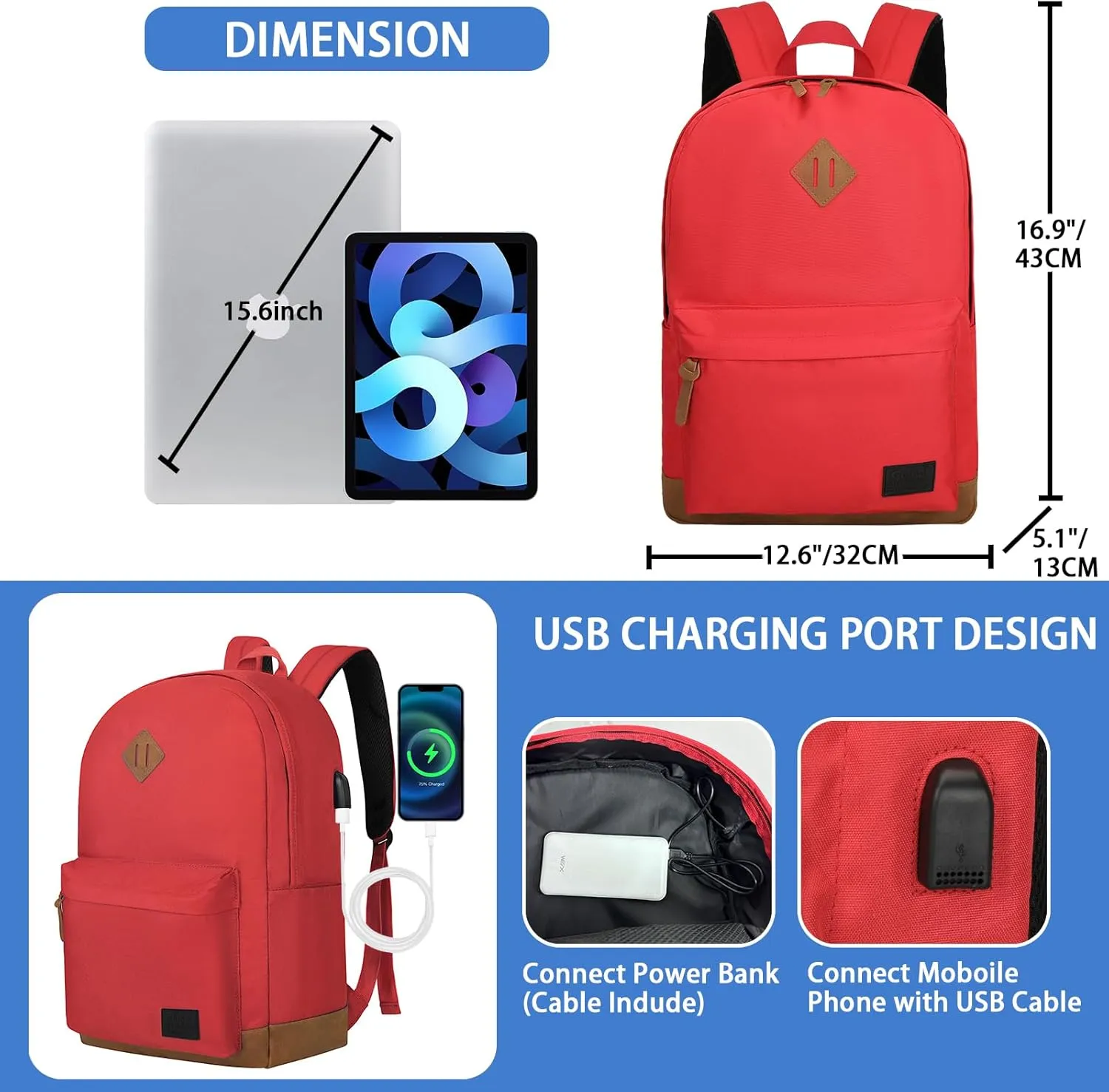 Goloni Classic Backpack with USB Charging Port,Water Resistant Anti-Theft Travel Backpack for Men & Women,Laptop Backpack,Fits 17.3 Inch Laptop,Red
