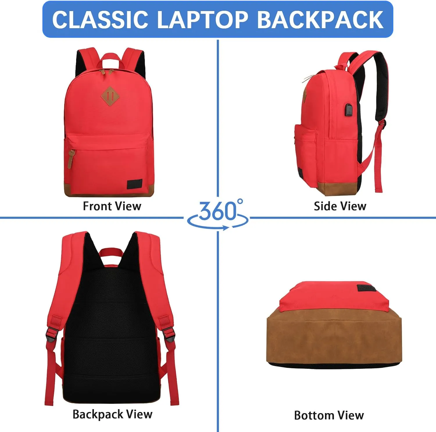 Goloni Classic Backpack with USB Charging Port,Water Resistant Anti-Theft Travel Backpack for Men & Women,Laptop Backpack,Fits 17.3 Inch Laptop,Red
